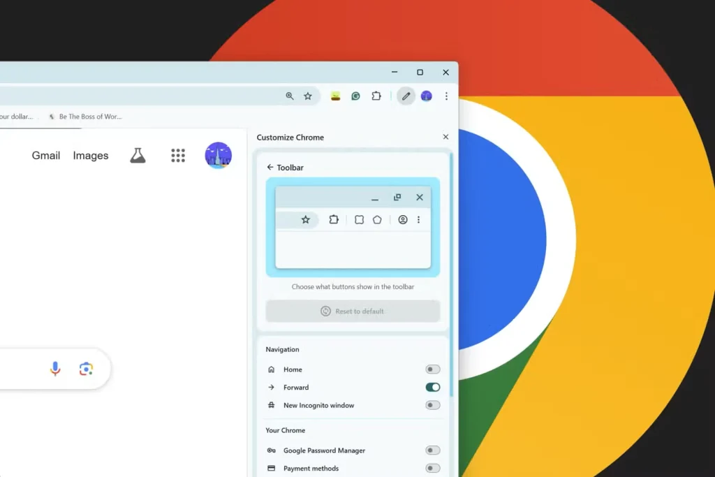سفارشی‌سازی نوار کناری کروم با لوگوی گوگل کروم در پس‌زمینه