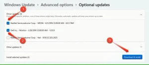 نصب به‌روزرسانی‌های اختیاری در برنامه تنظیمات ویندوز.
