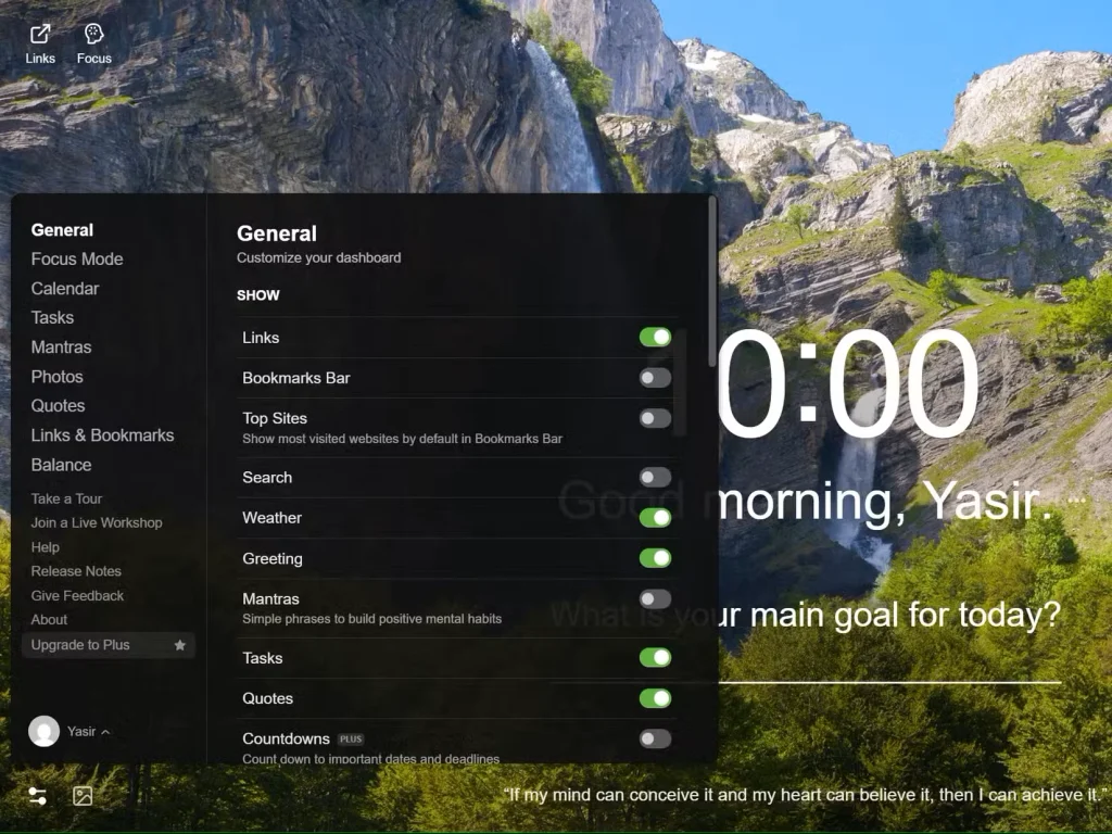 تنظیمات افزونه مومنتوم در کروم.