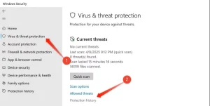 باز کردن تاریخچه محافظت در برنامه تنظیمات ویندوز.