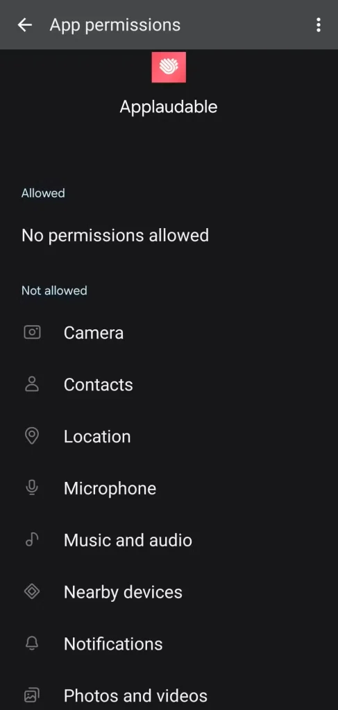 صفحه کنترل‌کننده‌ی مجوز در تلفن اندروید سامسونگ