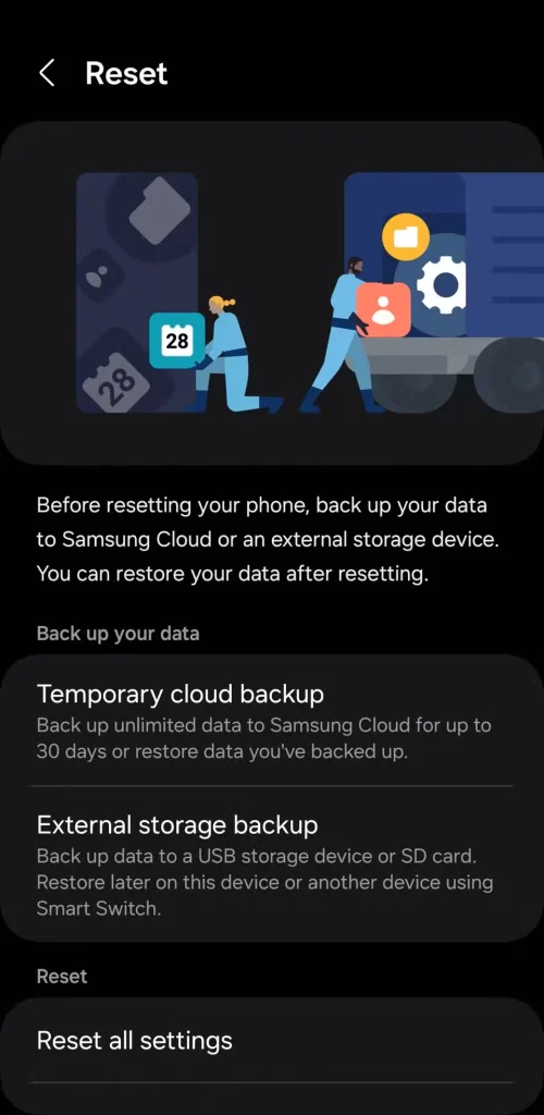 منوی تنظیم مجدد در گوشی سامسونگ