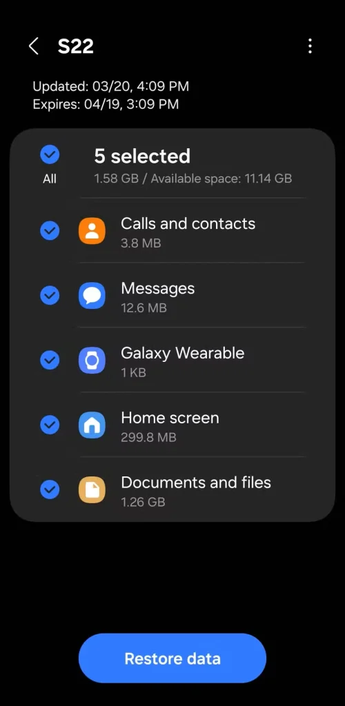 بازیابی موارد پشتیبان در گوشی سامسونگ