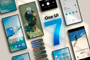 چندین دستگاه Galaxy S24 در کنار هم با «One UI 7» در مرکز نوشته شده است.