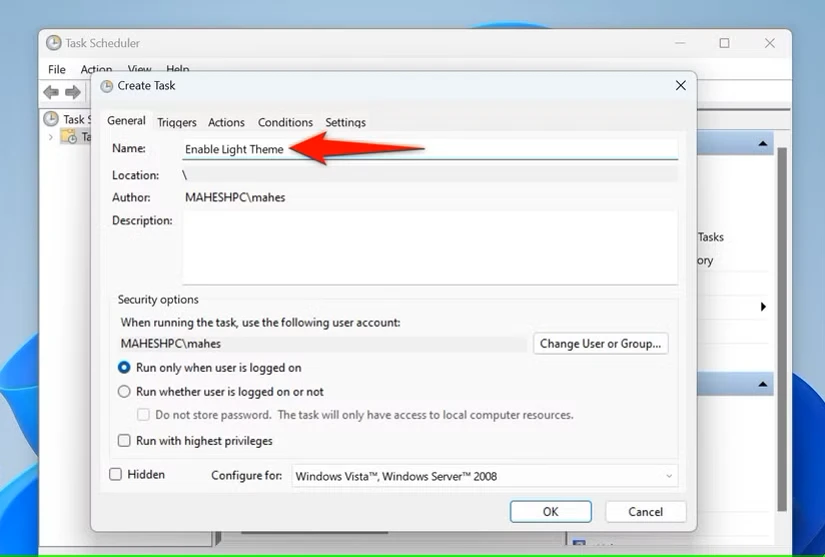 "Name" که در پنجره "Create Task" هایلایت شده است.