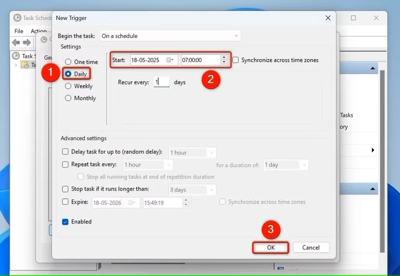 «روزانه»، «شروع» و «تأیید» که در پنجره «تریگر جدید» هایلایت شدهاند.