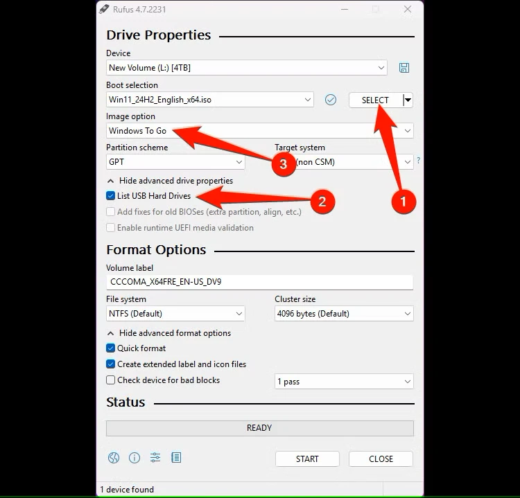 Rufus گزینه‌های مهم برای ایجاد نصب ویندوز قابل حمل را ارائه می‌دهد.