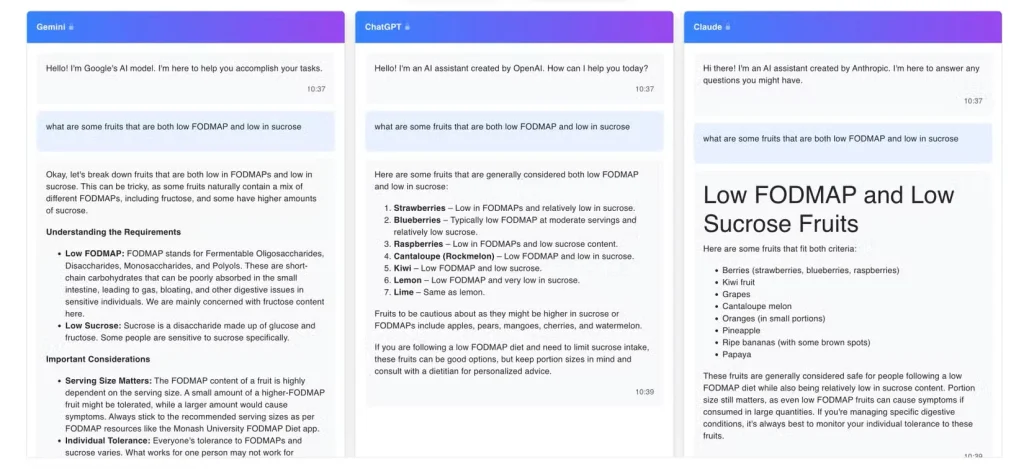 
نتایج Gemini، ChatGPT و Claude در کنار هم قرار می‌گیرند.