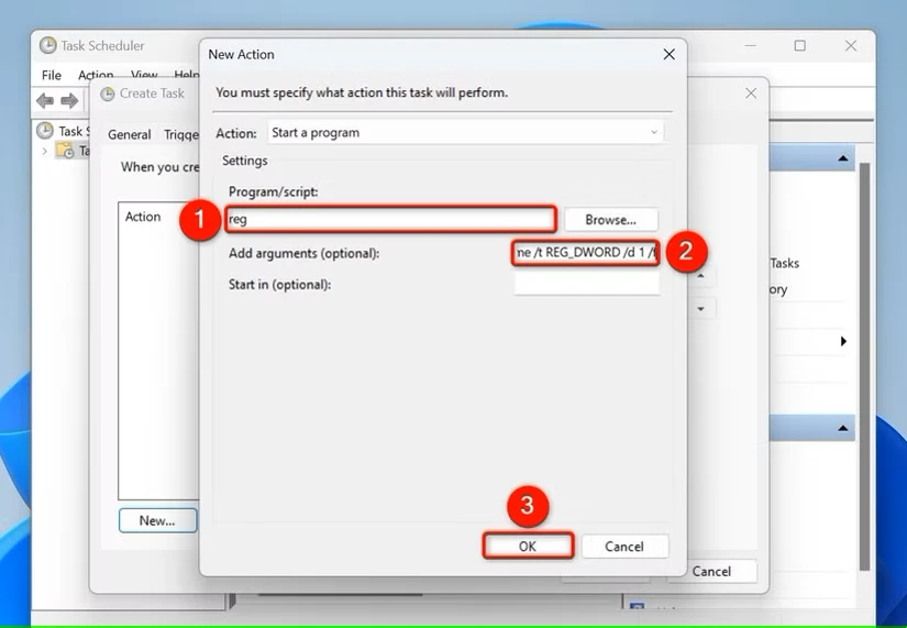 «برنامه/اسکریپت»، «افزودن آرگومانها (اختیاری)» و «تأیید» که در پنجره «اقدام جدید» هایلایت شدهاند.