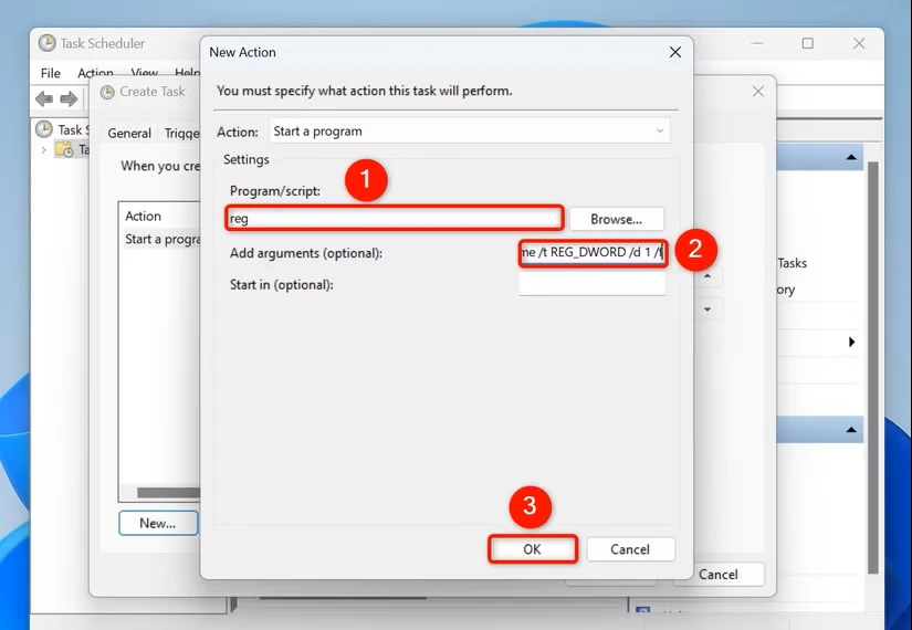 "Program/Script"، "Add Arguments (Optional)" و "OK" که در پنجره «New Action» هایلایت شده است را اضافه کنید.