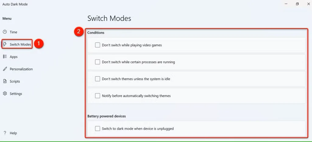 گزینههای «تغییر حالتها» در حالت تاریک خودکار برجسته شدهاند.