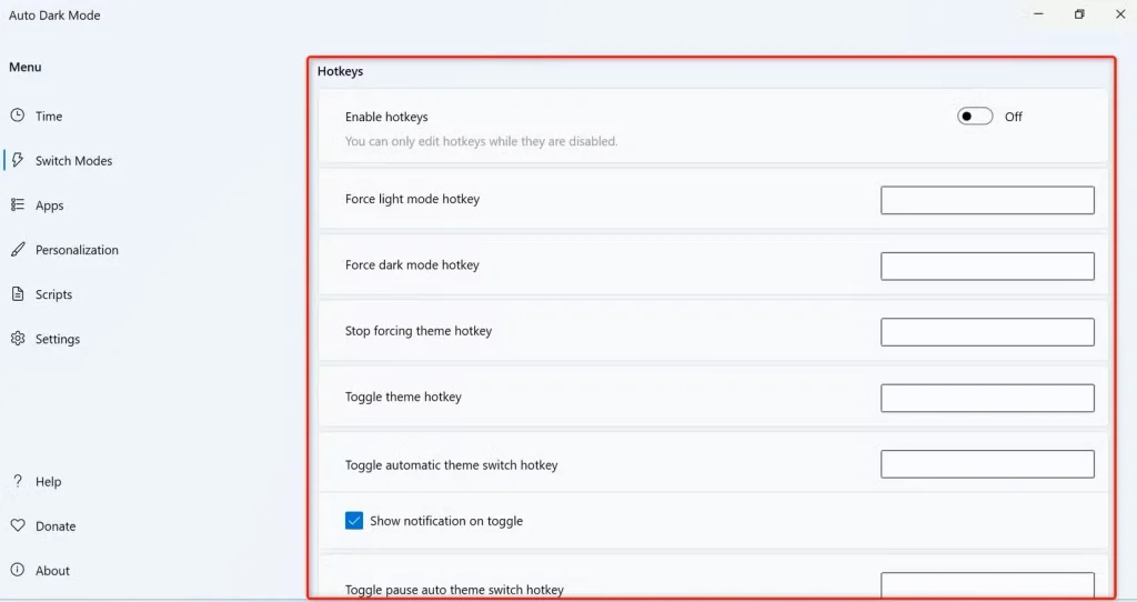 «کلیدهای میانبر» در حالت تاریک خودکار برجسته شدهاند.