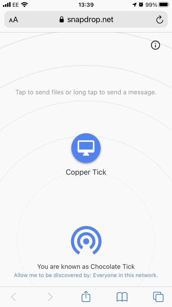 محیط Snapdrop روی مرورگر آیفون و ویندوز – ALT: انتقال فایل بین آیفون و ویندوز با Snapdrop