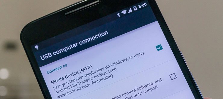 ???? جای تصویر: پنجره انتخاب نوع اتصال USB – ALT: انتخاب حالت MTP در اندروید هنگام اتصال به لپتاپ