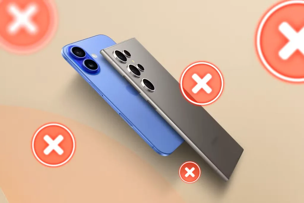 یک آیفون و سامسونگ گلکسی باریک با چندین علامت «X» دورشان.