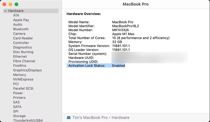 وضعیت قفل فعال‌سازی در مک‌بوک پرو.