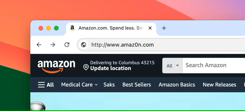 یک کپی آمازون با غلط املایی در URL.
