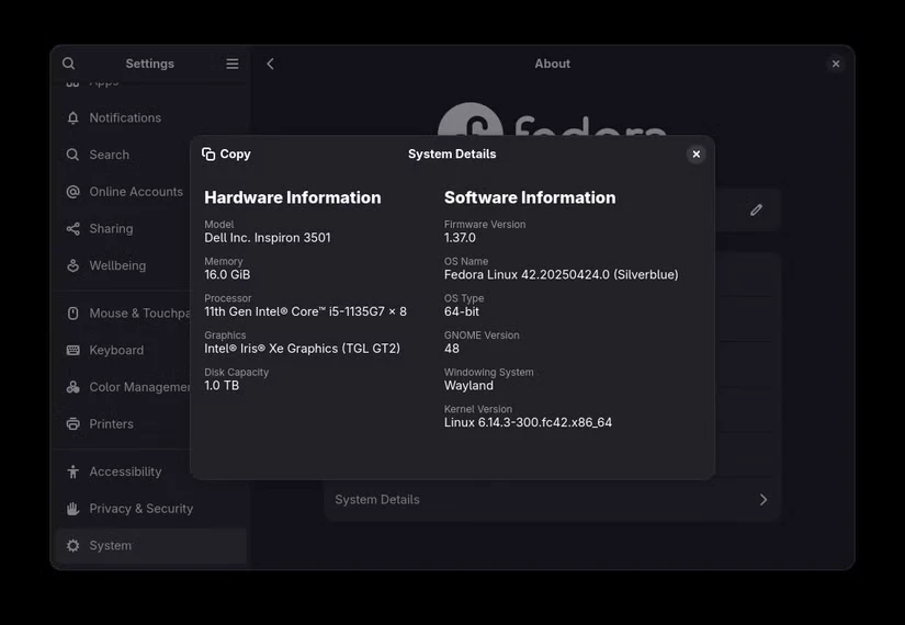 تنظیمات گنوم فدورا درباره صفحه