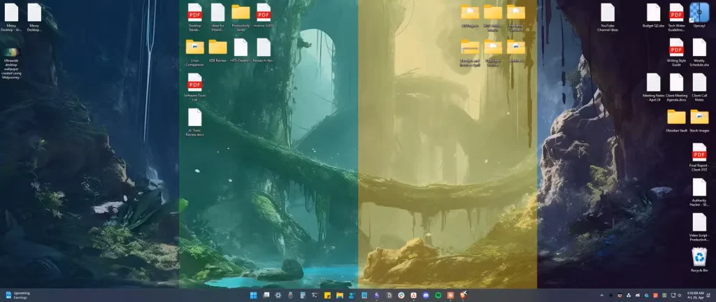 فایل‌ها و پوشه‌ها بر اساس بخش‌های تصویر زمینه دسکتاپ سازماندهی شده‌اند.