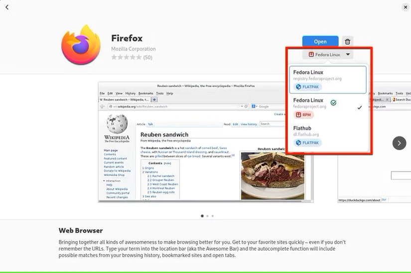 نرم افزار GNOME که سه مخزن برای نصب نرم افزار در فدورا را نشان می دهد