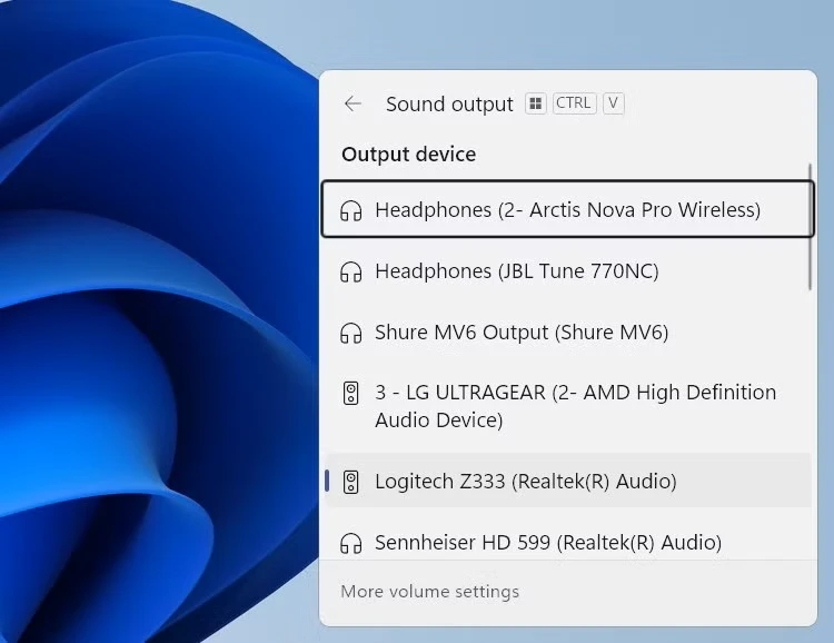 منوی «خروجی صدا» در ویندوز ۱۱.