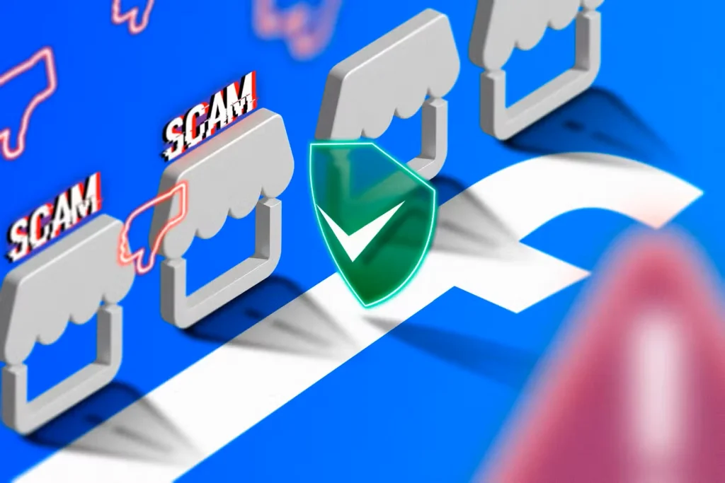 تصویر چندین بازار در کنار هم که به عنوان هرزنامه علامت‌گذاری شده‌اند، لوگوی فیس‌بوک روی زمین و یک نماد امنیتی.