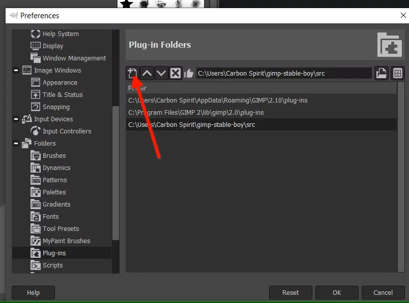 بارگذاری Stable Boy در GIMP با استفاده از ویژگی پوشه‌های افزونه.
