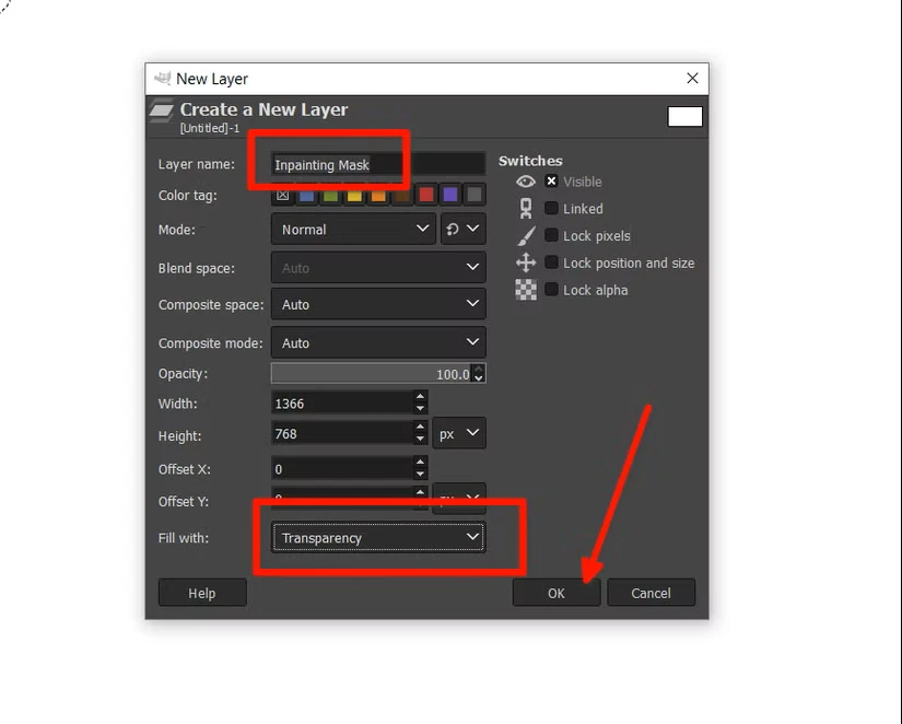 ایجاد "Inpainting Mask" با استفاده از یک لایه جدید در GIMP.