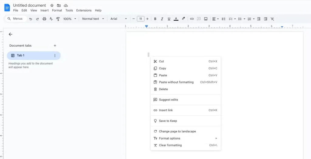 منوی کلیک راست در Google Docs.