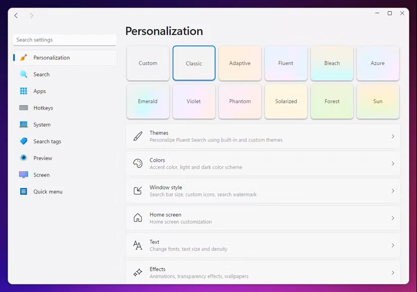 گزینههای شخصیسازی در فلوئنت سرچ.