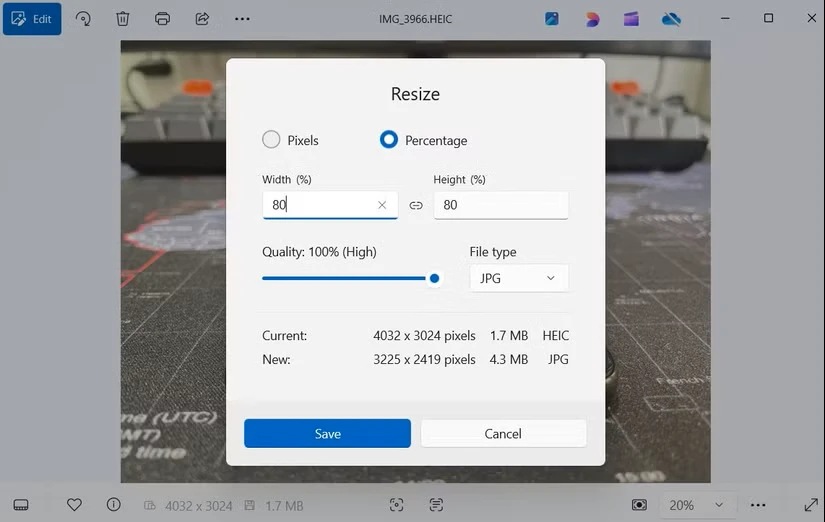 کادر محاورهای تغییر اندازه تصویر در برنامه Photos ویندوز ۱۱