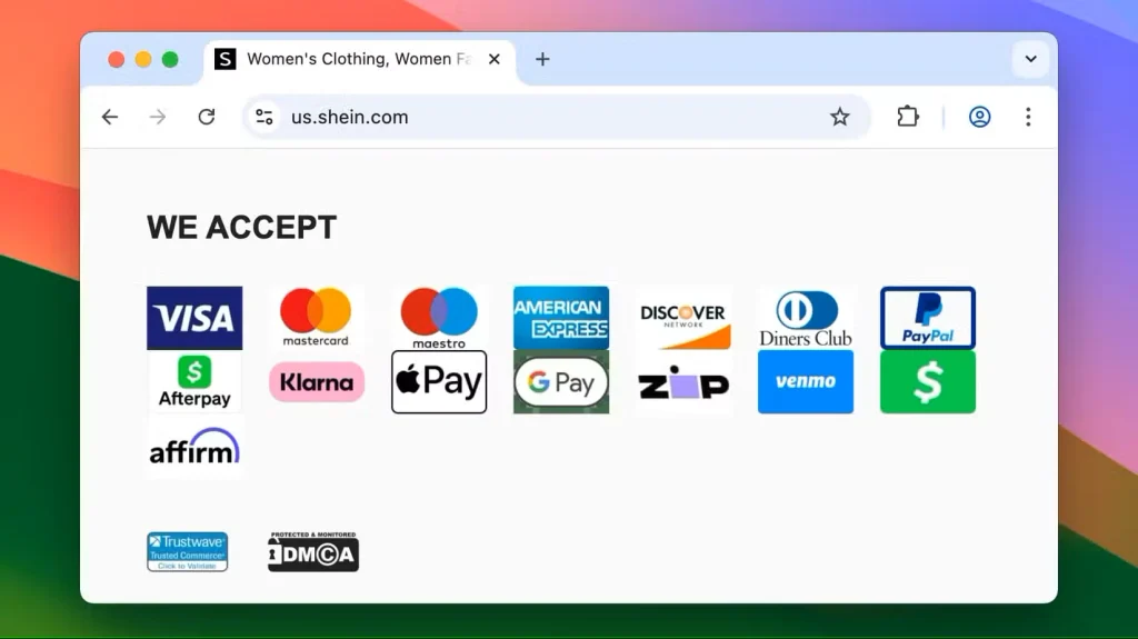 روش‌های پرداخت قانونی ارائه شده توسط shein.
