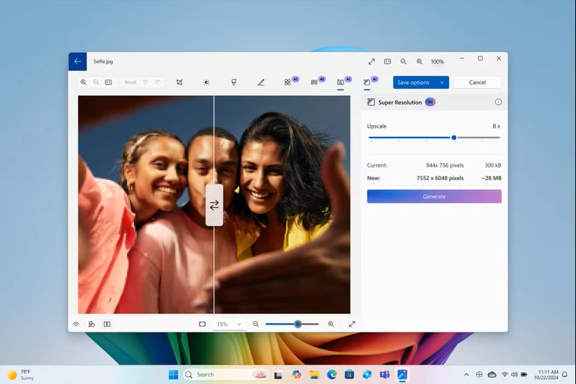 مایکروسافت فوتوز ابزاری با نام Super Resolution را نشان میدهد که کیفیت سلفی سه دوست را افزایش میدهد.
مایکروسافت