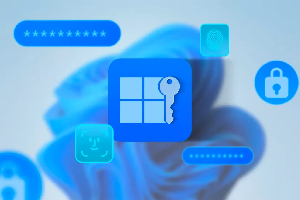 لوگوی ویندوز 11 با یک کلید در کنار آن و نمادهای رمز عبور، امنیت و تشخیص چهره در اطراف آن.
