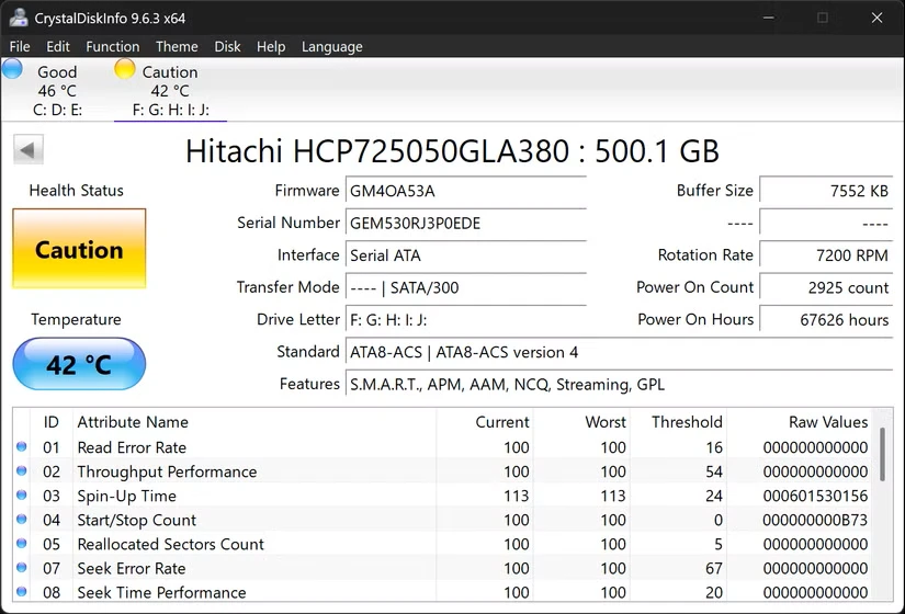 CrystalDiskInfo سلامت درایو را با رنگ زرد نشان می‌دهد که نشان دهنده احتیاط است.