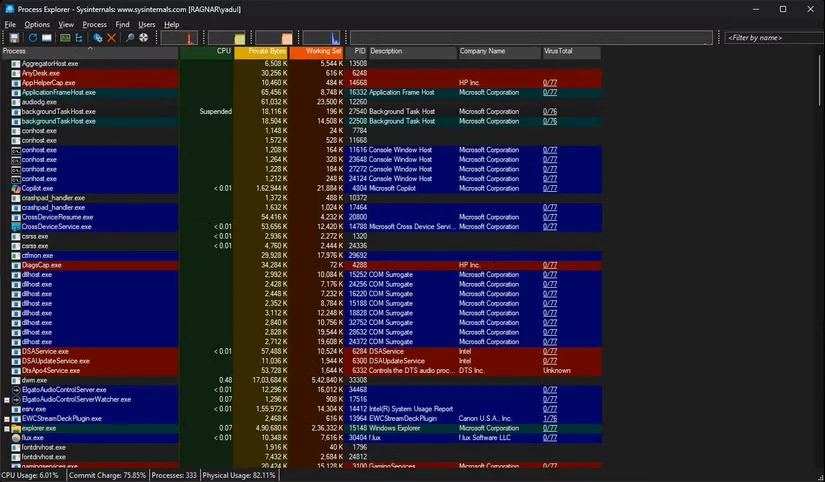 ProcessExplorer در حال اجرا بر روی یک رایانه شخصی ویندوز