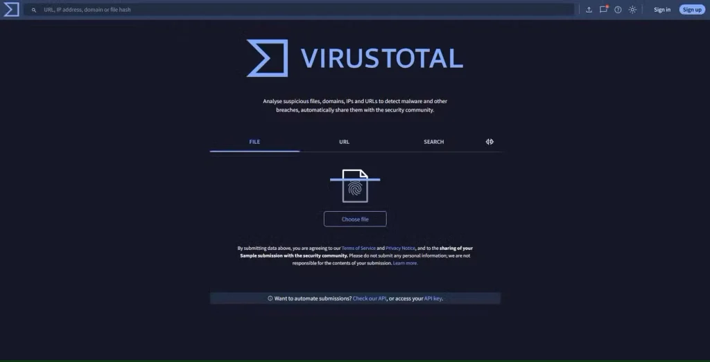 صفحه اصلی وبسایت VirusTotal.