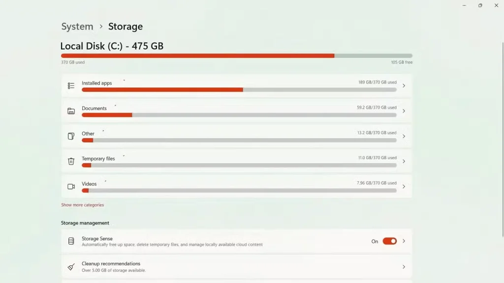 حافظه درایو ویندوز تقریباً پر شده است.